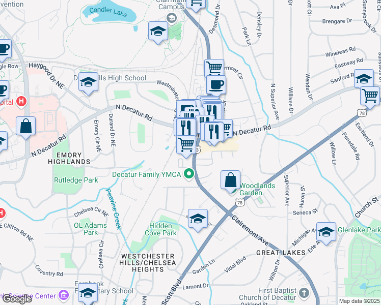 map of restaurants, bars, coffee shops, grocery stores, and more near in Decatur