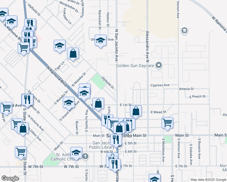 map of restaurants, bars, coffee shops, grocery stores, and more near 132 Idyllwild Drive in San Jacinto