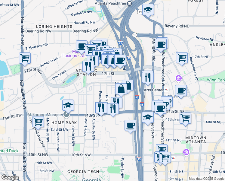 map of restaurants, bars, coffee shops, grocery stores, and more near 1257 Lyle Place Northwest in Atlanta