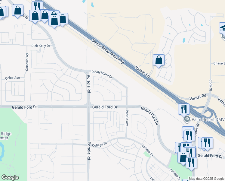 map of restaurants, bars, coffee shops, grocery stores, and more near 74500 Xander Court in Palm Desert