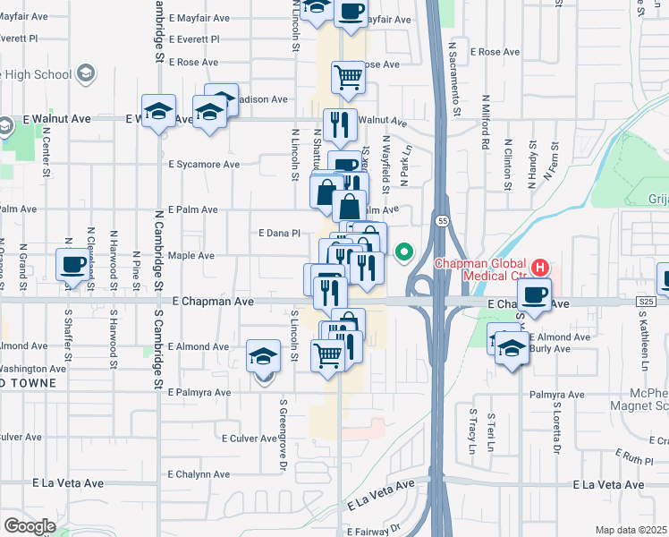 map of restaurants, bars, coffee shops, grocery stores, and more near 179 North Tustin Street in Orange