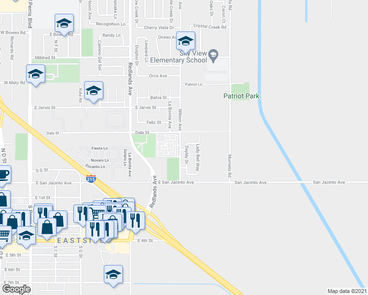 map of restaurants, bars, coffee shops, grocery stores, and more near 310 Daylily Drive in Perris