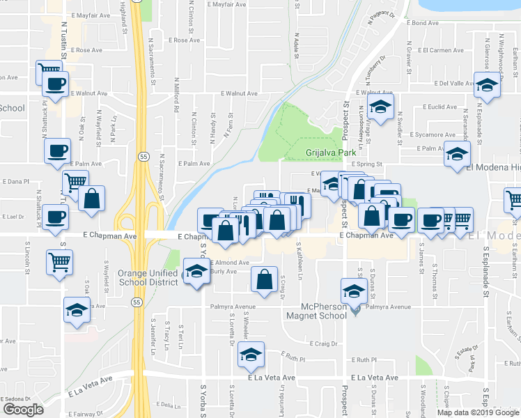 map of restaurants, bars, coffee shops, grocery stores, and more near 2747 East Bennett Avenue in Orange