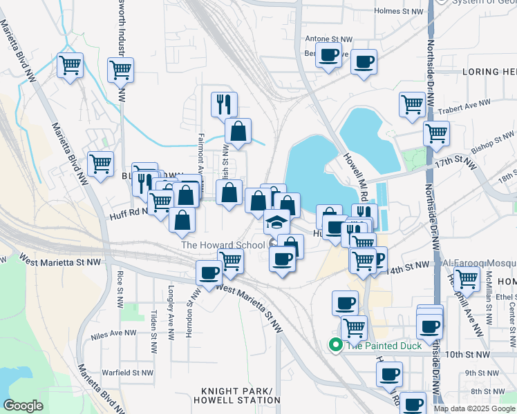 map of restaurants, bars, coffee shops, grocery stores, and more near 946 Huff Road Northwest in Atlanta