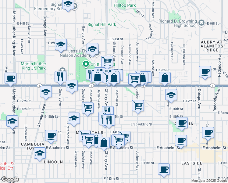 map of restaurants, bars, coffee shops, grocery stores, and more near 1752 Cherry Avenue in Long Beach