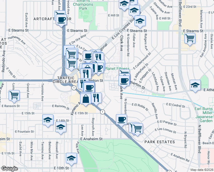 map of restaurants, bars, coffee shops, grocery stores, and more near 5052 East Atherton Street in Long Beach