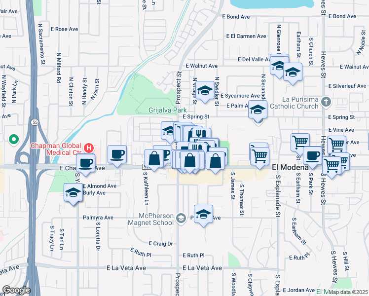 map of restaurants, bars, coffee shops, grocery stores, and more near 3423 East Chapman Avenue in Orange