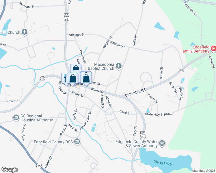 map of restaurants, bars, coffee shops, grocery stores, and more near 208 Hart Street in Edgefield