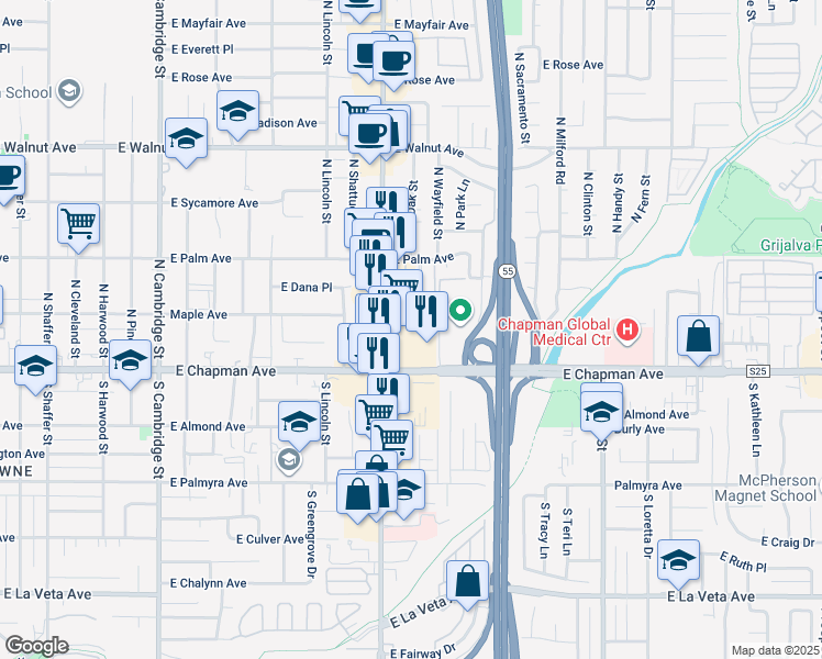 map of restaurants, bars, coffee shops, grocery stores, and more near 1807 East Chapman Avenue in Yorba Linda