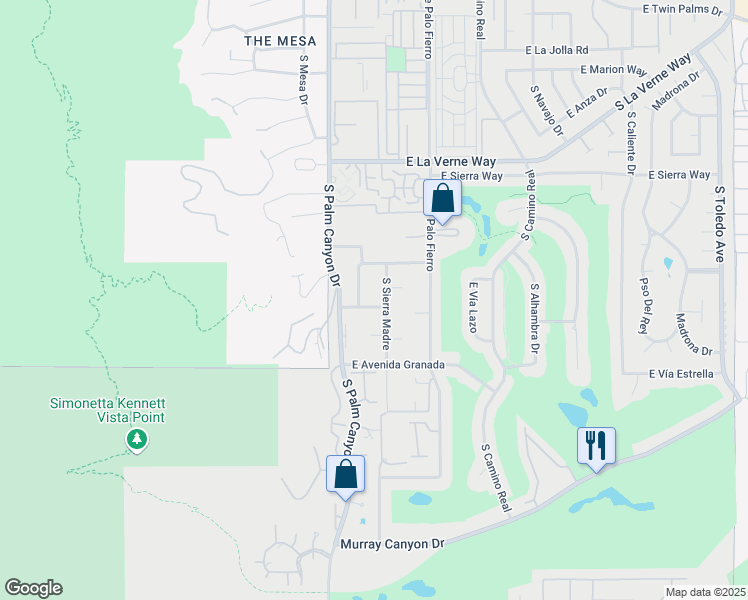 map of restaurants, bars, coffee shops, grocery stores, and more near 252 East Canyon Vista Drive in Palm Springs