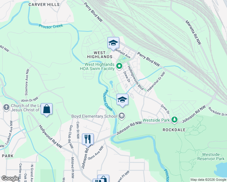 map of restaurants, bars, coffee shops, grocery stores, and more near 880 Westmoreland Circle Northwest in Atlanta