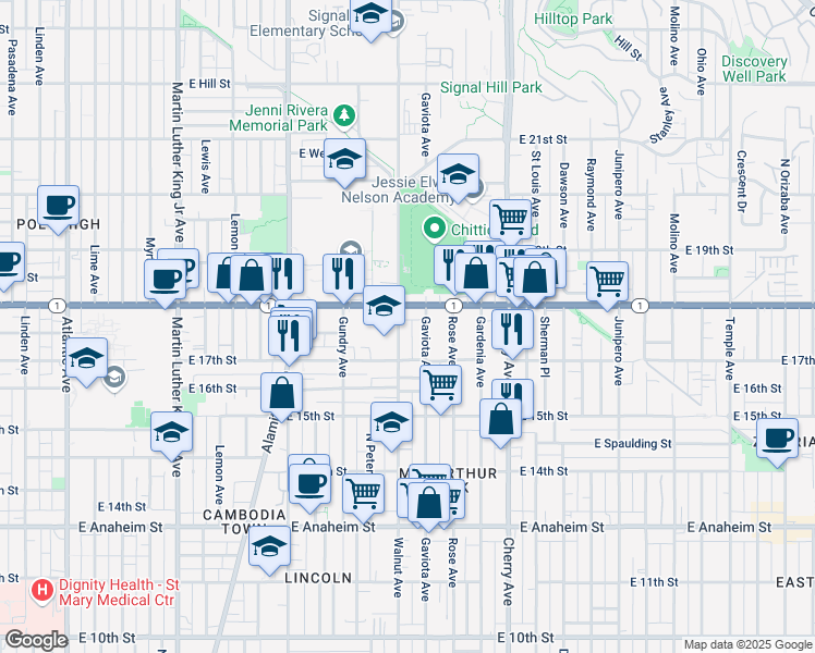 map of restaurants, bars, coffee shops, grocery stores, and more near 1754 Walnut Avenue in Long Beach