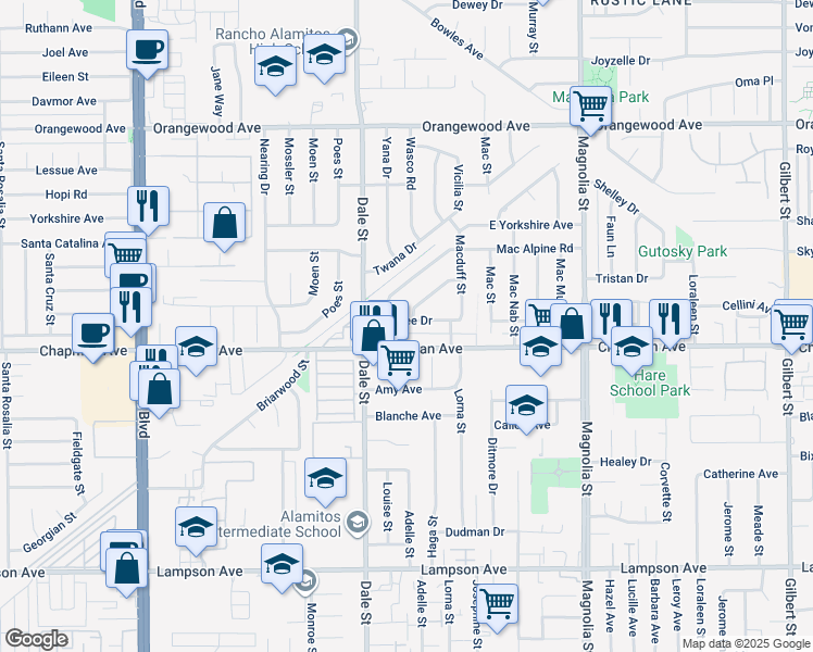 map of restaurants, bars, coffee shops, grocery stores, and more near 8592 Marylee Drive in Garden Grove