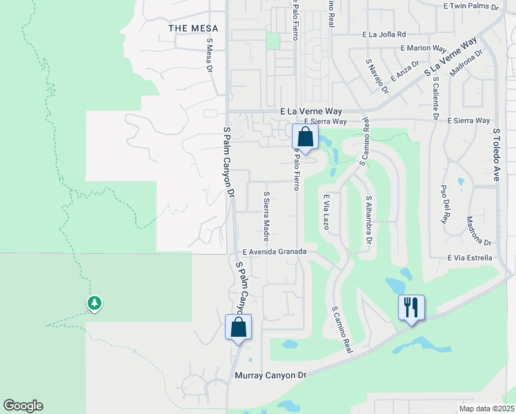 map of restaurants, bars, coffee shops, grocery stores, and more near 252 East Canyon Vista Drive in Palm Springs
