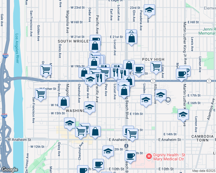 map of restaurants, bars, coffee shops, grocery stores, and more near 1758 Pine Avenue in Long Beach