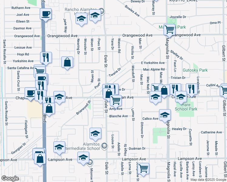 map of restaurants, bars, coffee shops, grocery stores, and more near 8552 Marylee Drive in Garden Grove