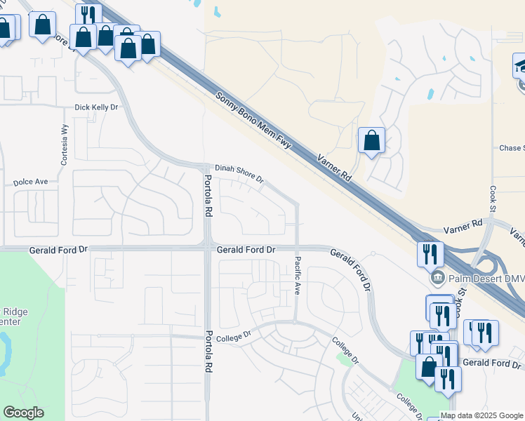 map of restaurants, bars, coffee shops, grocery stores, and more near 74500 Xander Court in Palm Desert
