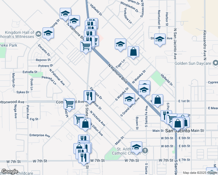 map of restaurants, bars, coffee shops, grocery stores, and more near 475 Camellia Way in San Jacinto