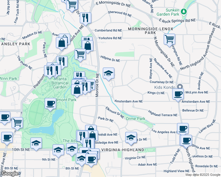 map of restaurants, bars, coffee shops, grocery stores, and more near 678 Courtenay Drive Northeast in Atlanta
