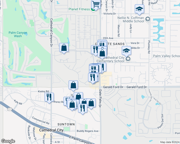 map of restaurants, bars, coffee shops, grocery stores, and more near 35715 Pso Circulo East in Cathedral City