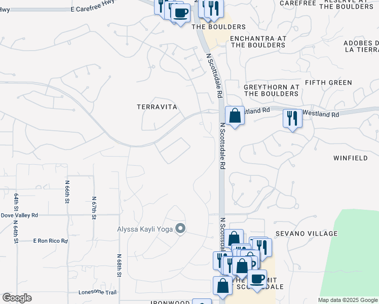 map of restaurants, bars, coffee shops, grocery stores, and more near 7071 East Eagle Feather Road in Scottsdale