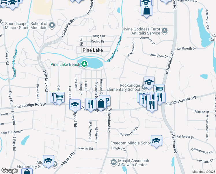 map of restaurants, bars, coffee shops, grocery stores, and more near 483 Spruce Drive in Pine Lake
