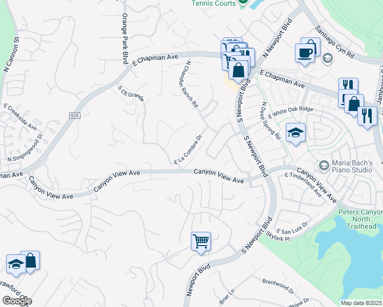 map of restaurants, bars, coffee shops, grocery stores, and more near 7202 East La Cumbre Drive in Orange