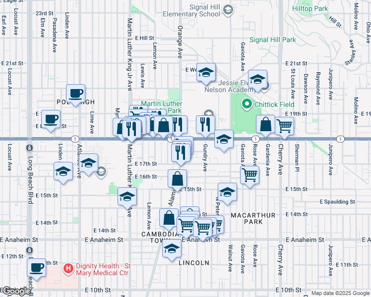 map of restaurants, bars, coffee shops, grocery stores, and more near 1752 Alamitos Avenue in Long Beach