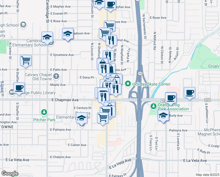 map of restaurants, bars, coffee shops, grocery stores, and more near 179 North Tustin Street in Orange