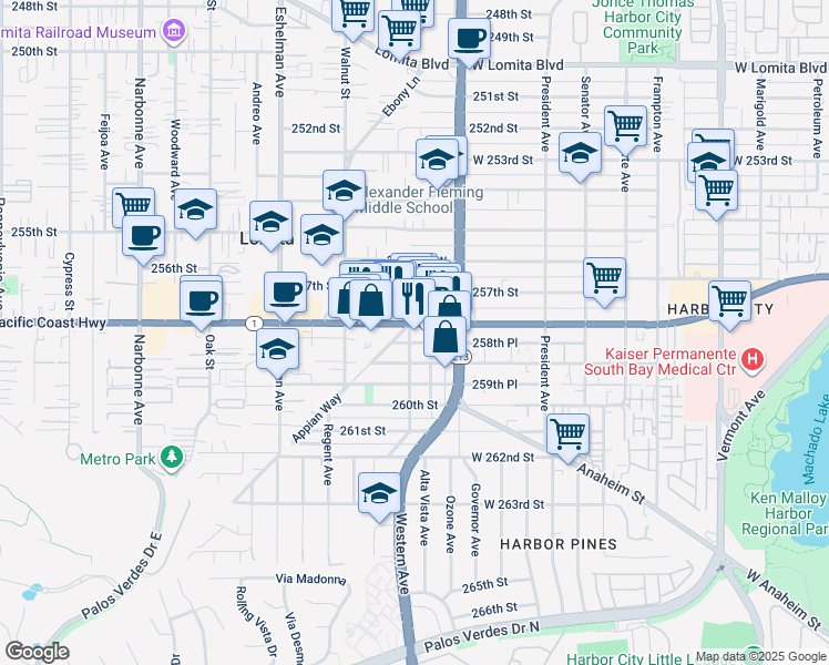 map of restaurants, bars, coffee shops, grocery stores, and more near 1752 California 1 in Lomita