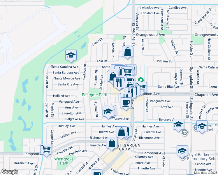 map of restaurants, bars, coffee shops, grocery stores, and more near 11932 Bailey Street in Garden Grove