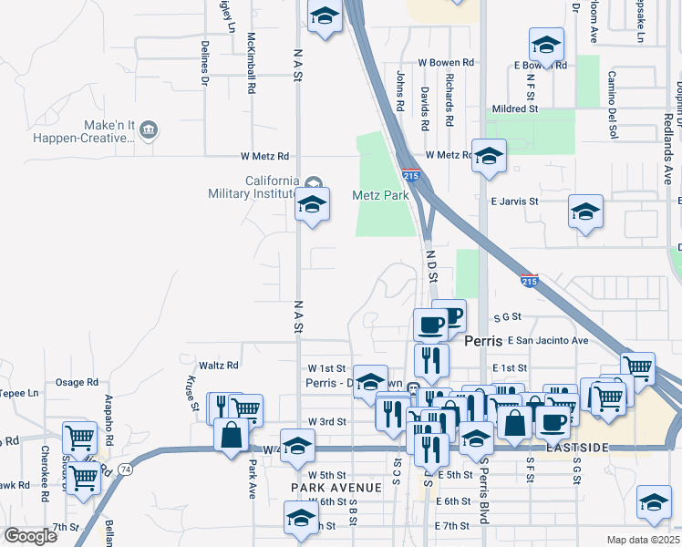 map of restaurants, bars, coffee shops, grocery stores, and more near 307 Columbine Court in Perris