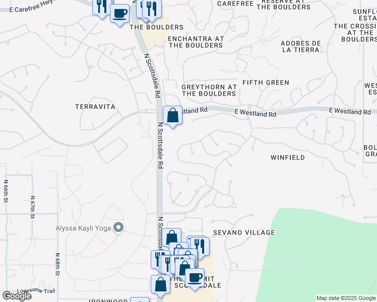 map of restaurants, bars, coffee shops, grocery stores, and more near 33492 North 73rd Place in Scottsdale