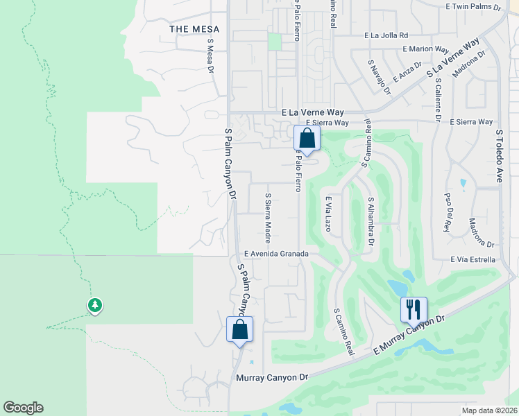 map of restaurants, bars, coffee shops, grocery stores, and more near 2396 South Sky View Drive in Palm Springs