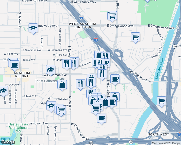 map of restaurants, bars, coffee shops, grocery stores, and more near 109 North Woodridge Circle in Orange