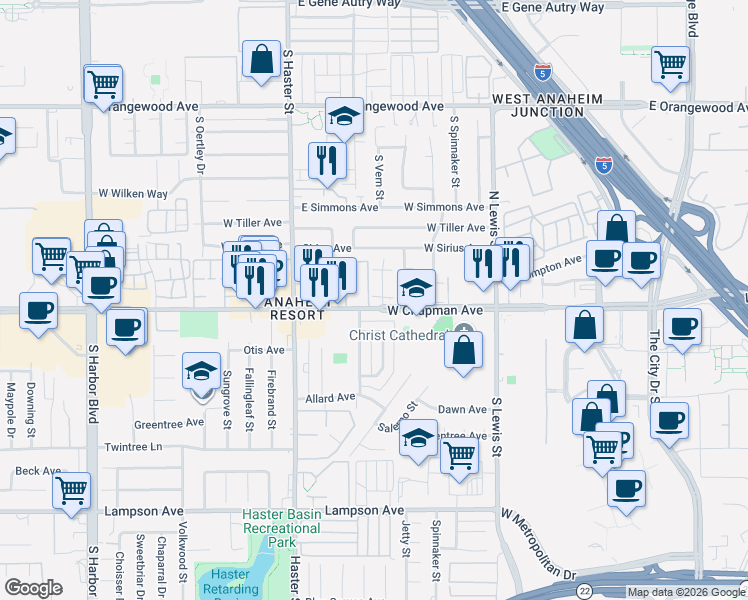 map of restaurants, bars, coffee shops, grocery stores, and more near 4531 Chapman Avenue in Orange