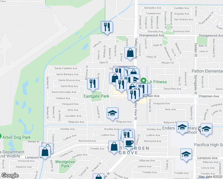 map of restaurants, bars, coffee shops, grocery stores, and more near 11911 Bailey Street in Garden Grove