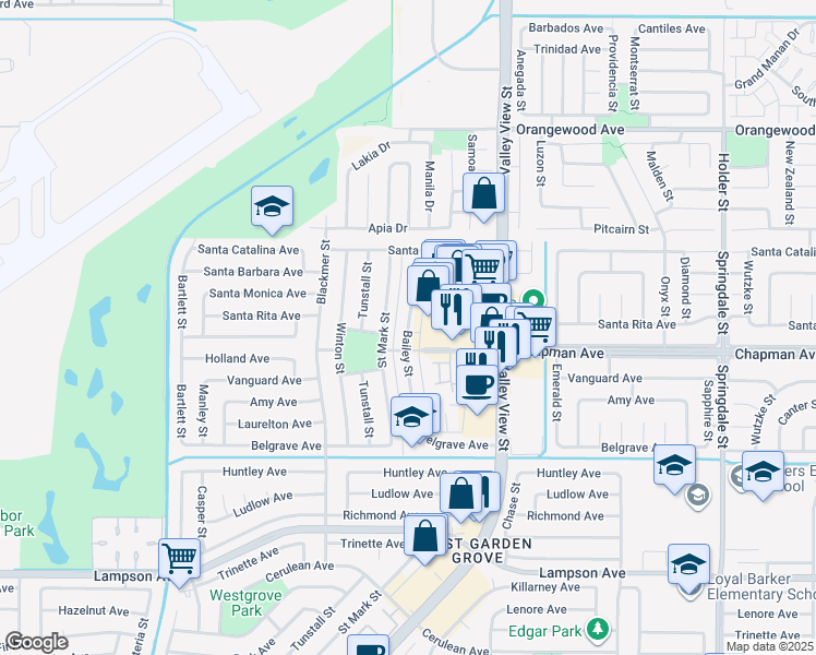 map of restaurants, bars, coffee shops, grocery stores, and more near 11911 Bailey Street in Garden Grove