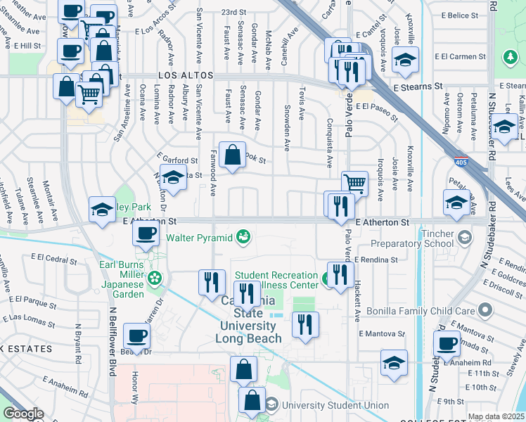 map of restaurants, bars, coffee shops, grocery stores, and more near 1801 McNab Avenue in Long Beach