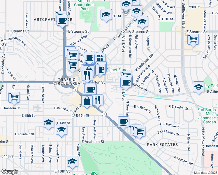 map of restaurants, bars, coffee shops, grocery stores, and more near 5052 East Atherton Street in Long Beach