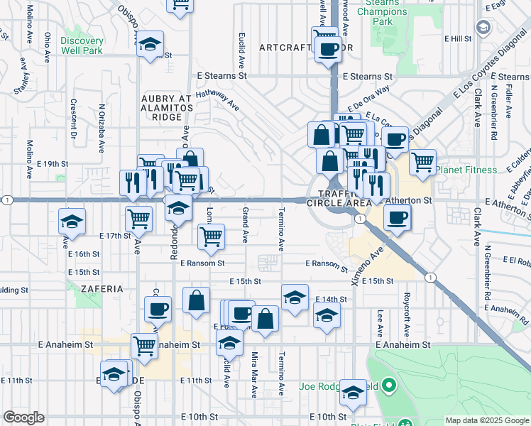 map of restaurants, bars, coffee shops, grocery stores, and more near 1744 Grand Avenue in Long Beach