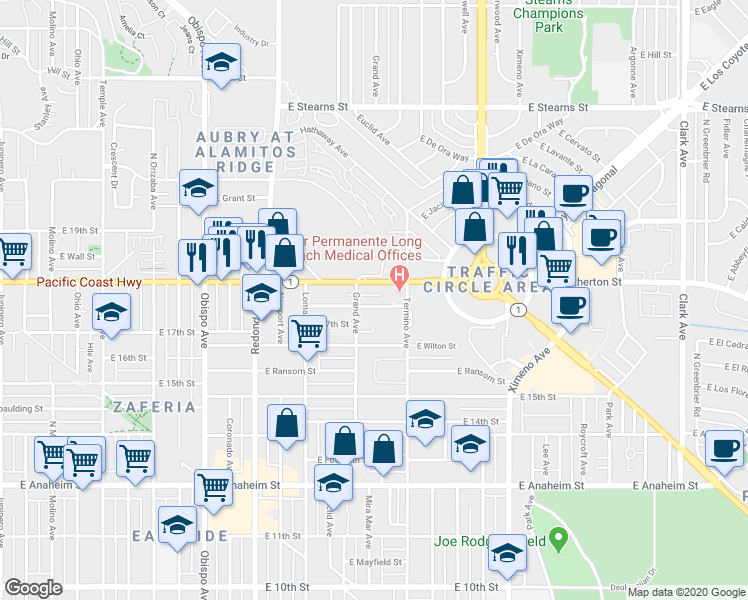 map of restaurants, bars, coffee shops, grocery stores, and more near 1744 Grand Avenue in Long Beach