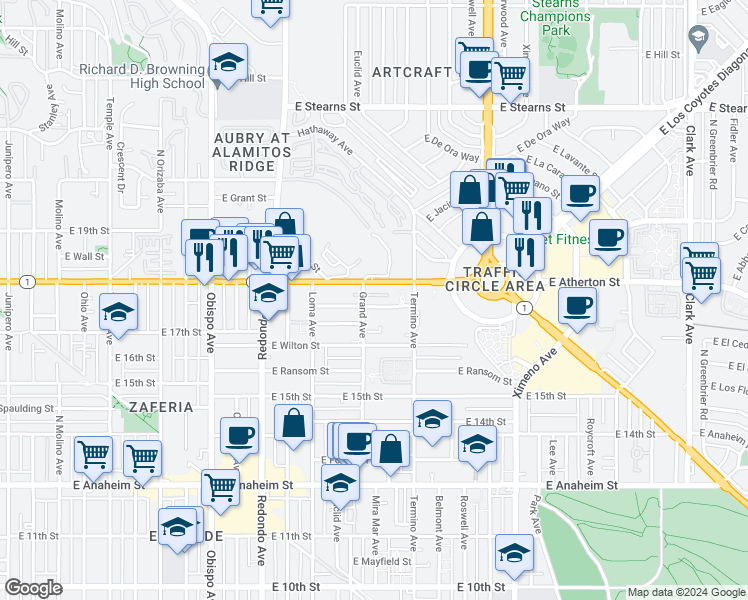 map of restaurants, bars, coffee shops, grocery stores, and more near 1744 Grand Avenue in Long Beach
