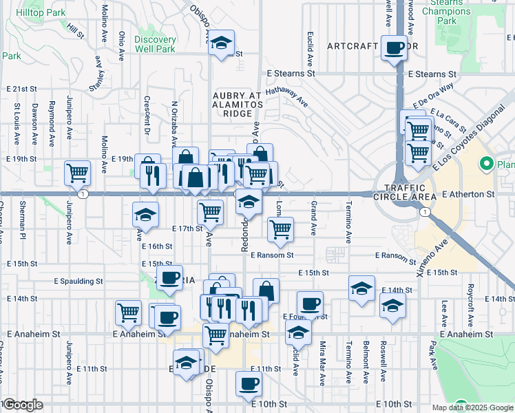 map of restaurants, bars, coffee shops, grocery stores, and more near 1754 Redondo Avenue in Long Beach