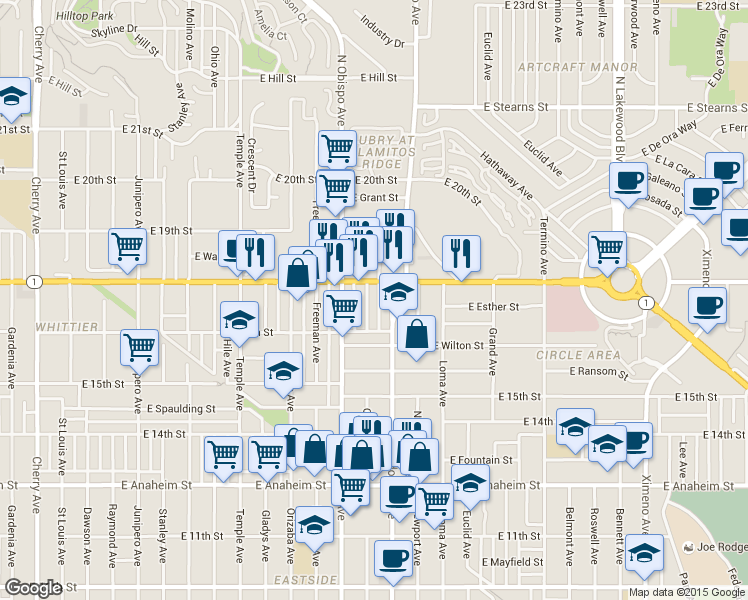 map of restaurants, bars, coffee shops, grocery stores, and more near 1730 Coronado Avenue in Long Beach