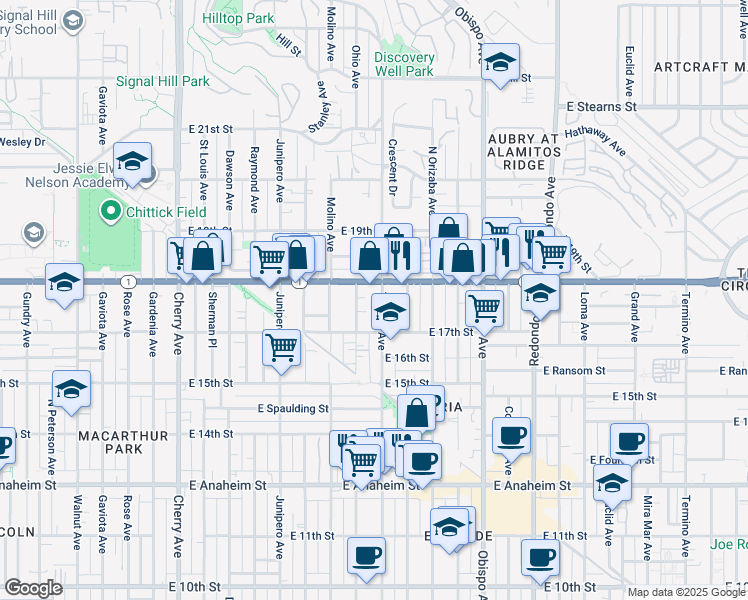 map of restaurants, bars, coffee shops, grocery stores, and more near 1740 Ohio Avenue in Long Beach