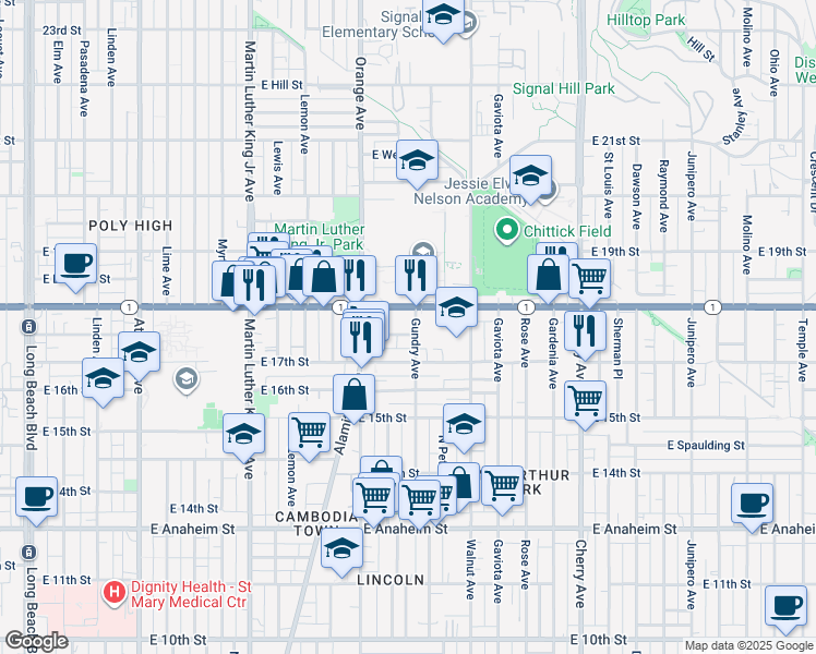map of restaurants, bars, coffee shops, grocery stores, and more near 1337 East Esther Street in Long Beach