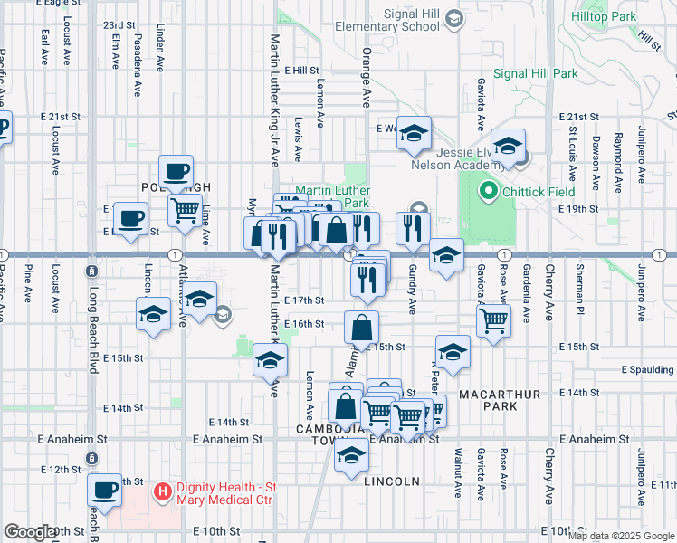 map of restaurants, bars, coffee shops, grocery stores, and more near 1753 Cerritos Avenue in Long Beach