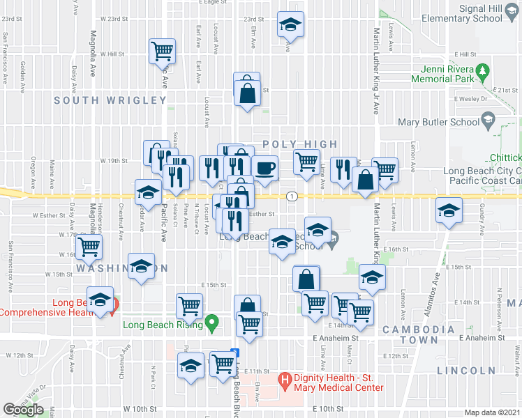 map of restaurants, bars, coffee shops, grocery stores, and more near 351 East Esther Street in Long Beach