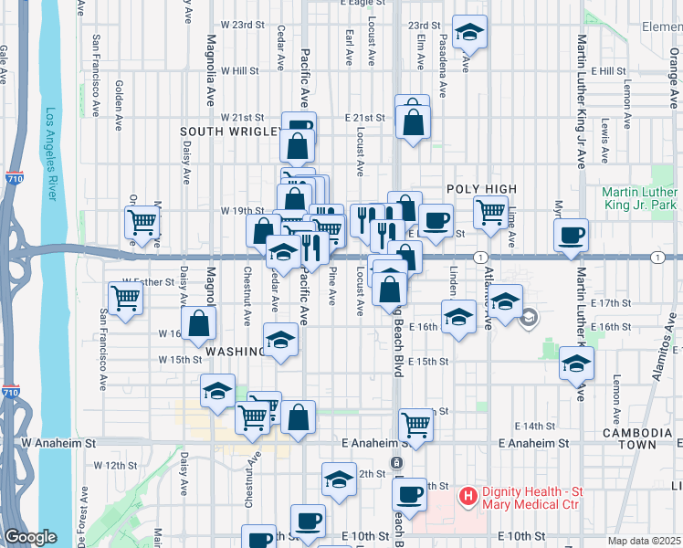 map of restaurants, bars, coffee shops, grocery stores, and more near 1753 Pine Avenue in Long Beach